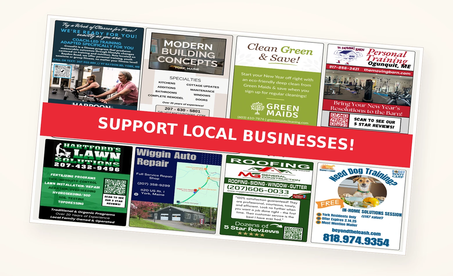 Illustrative 6 by 11 inch Community Card featuring several local business advertisements