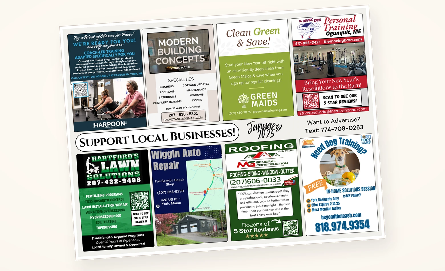 Illustrative 9 by 12 inch Community Card featuring several local business advertisements