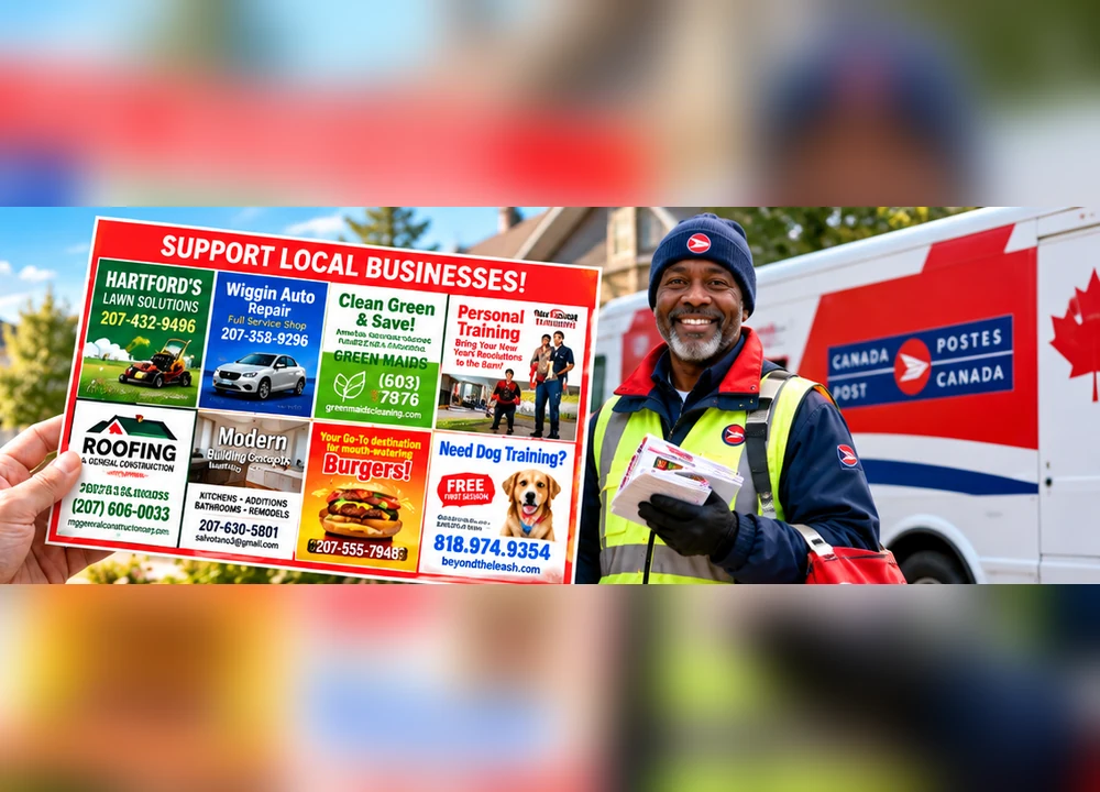 Illustrative Community Card postcard with advertisements for local businesses